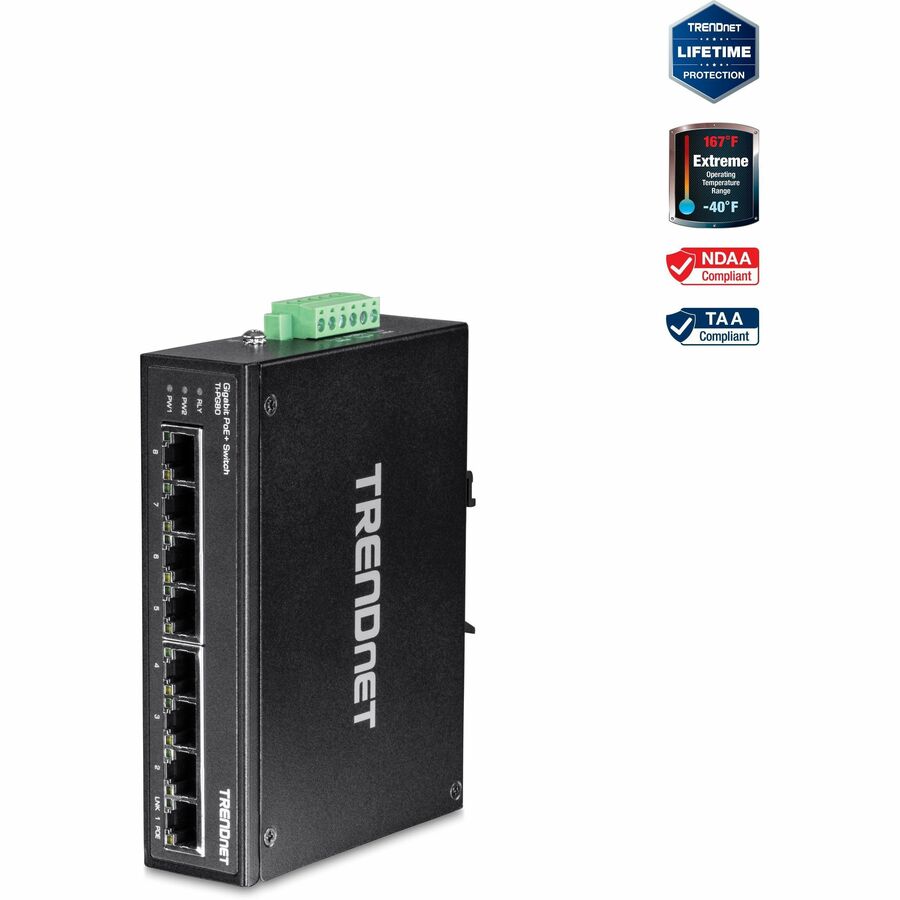 TRENDnet 8-Port Hardened Industrial Unmanaged Gigabit PoE+ DIN-Rail Switch, 200W Full PoE+ Power Budget, 16 Gbps Switching Capacity, IP30 Rated Network Switch, Lifetime Protection, Black, TI-PG80 TI-PG80