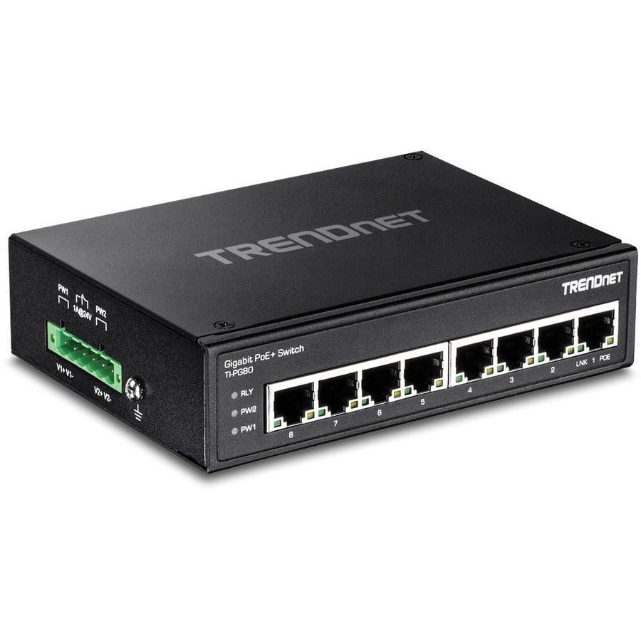 TRENDnet 8-Port Hardened Industrial Unmanaged Gigabit PoE+ DIN-Rail Switch, 200W Full PoE+ Power Budget, 16 Gbps Switching Capacity, IP30 Rated Network Switch, Lifetime Protection, Black, TI-PG80 TI-PG80
