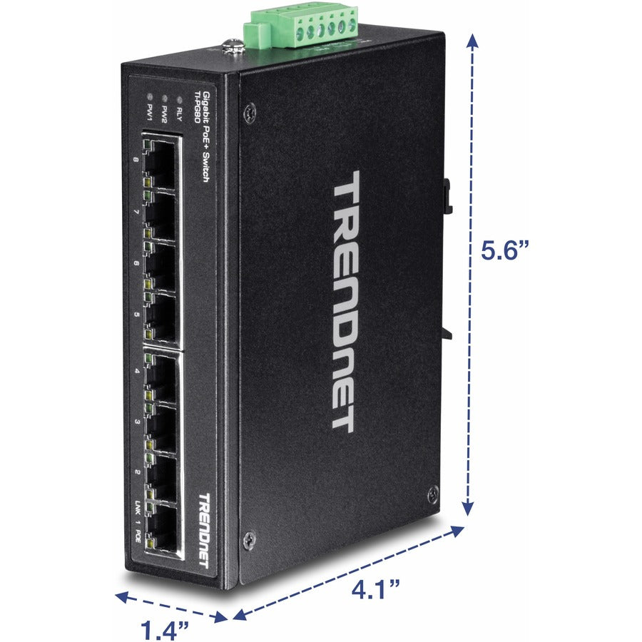 TRENDnet 8-Port Hardened Industrial Unmanaged Gigabit PoE+ DIN-Rail Switch, 200W Full PoE+ Power Budget, 16 Gbps Switching Capacity, IP30 Rated Network Switch, Lifetime Protection, Black, TI-PG80 TI-PG80